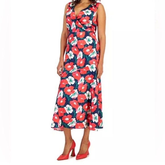 Sam Edelman Women's Poppy Floral V-Neck Poly A-Line Dress Coral Sz 2 NWT - Picture 1 of 10